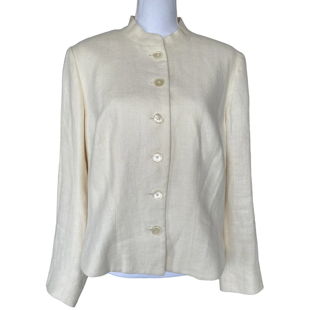 Vintage Lauren Ralph Lauren Nehru Jacket 1990's Sz 14W Ivory White Linen Fitted - Picture 1 of 12